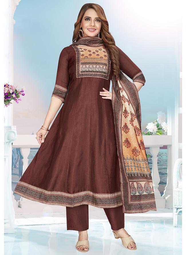 Russian Silk  Brown Festival Wear Printed Readymade Anarkali Suit